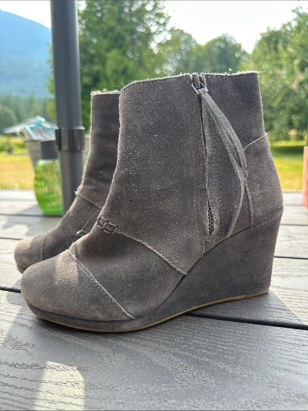 Toms Gray Suede Wedge Ankle Boots with Tassel Zip